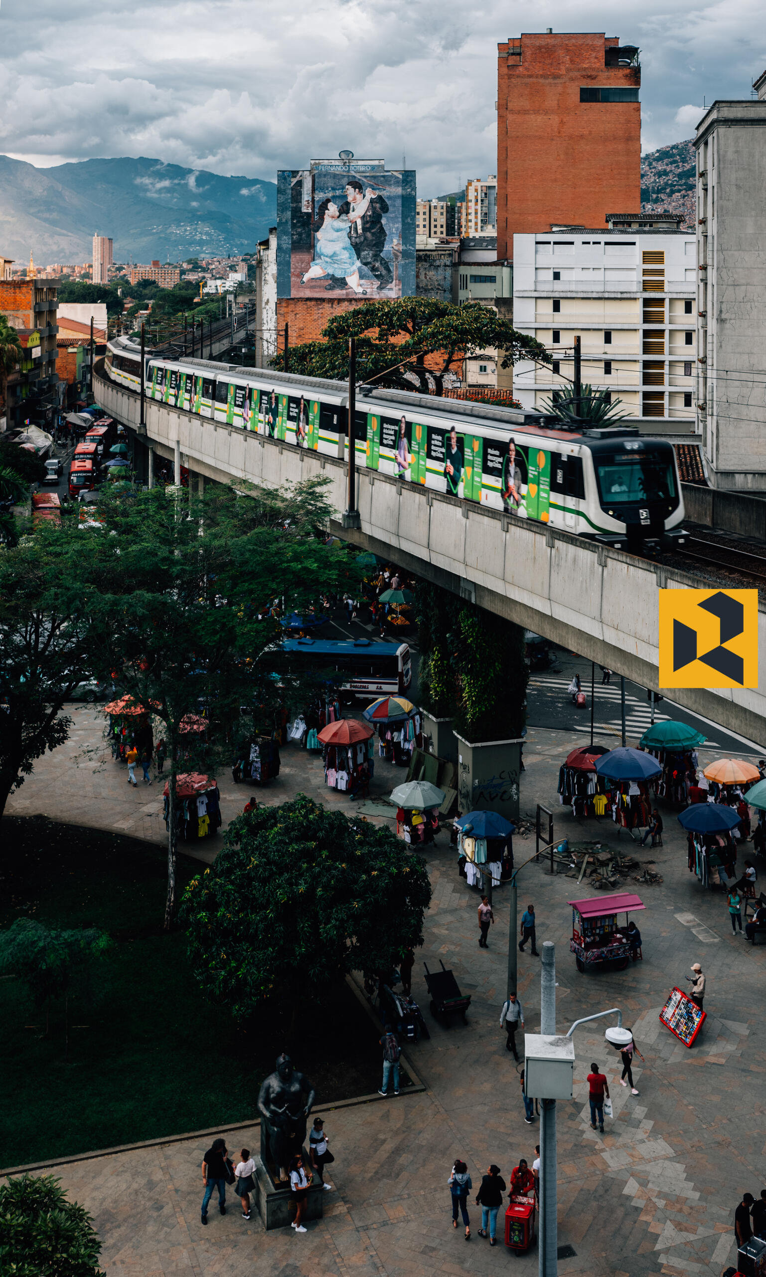 Medellin El Centro view with Metro train